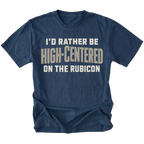 Navy T-shirt featuring the High-Centered on the Rubicon design on the front by Trail Snark.