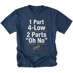 Navy T-Shirt featuring the 1 Part 4-Low 2 Parts "Oh No" design with a tipped vehicle graphic on the front view by Trail Snark.