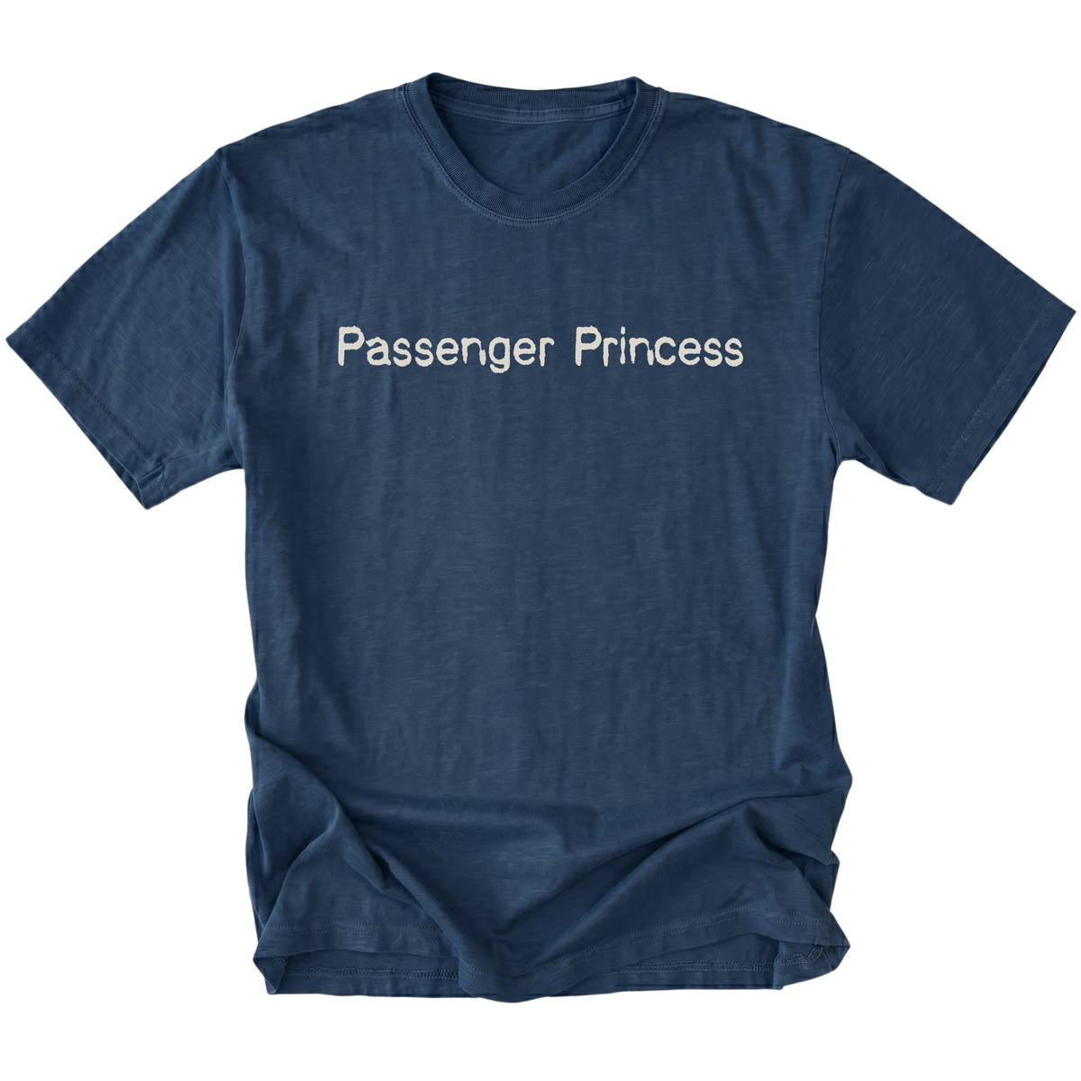 A navy blue short-sleeve t-shirt with the words 'Passenger Princess' printed in a light beige serif font across the chest, displayed against a solid white background.