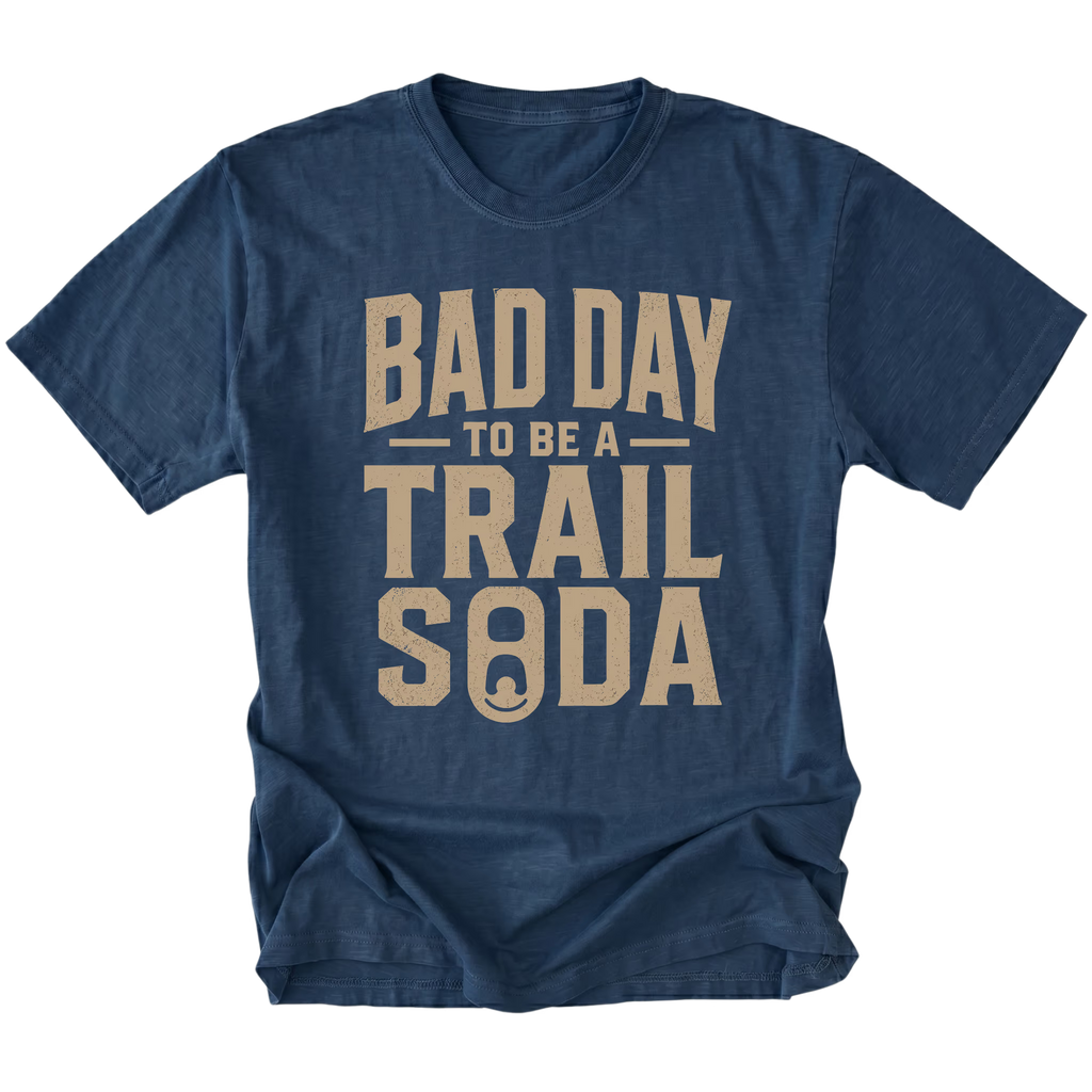 Navy T-Shirt with the Bad Day to Be a Trail Soda design shown in a front view by Trail Snark.
