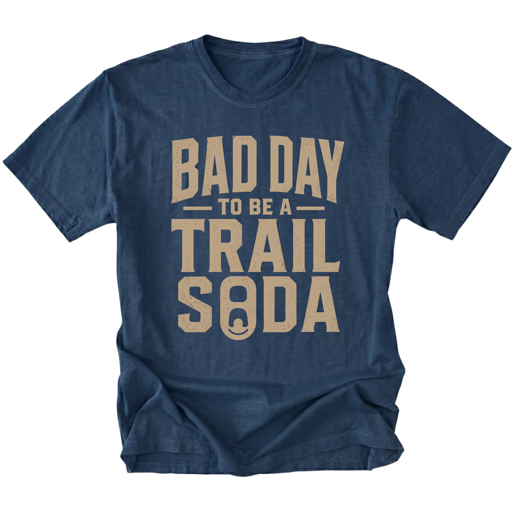 Navy T-Shirt with the Bad Day to Be a Trail Soda design shown in a front view by Trail Snark.