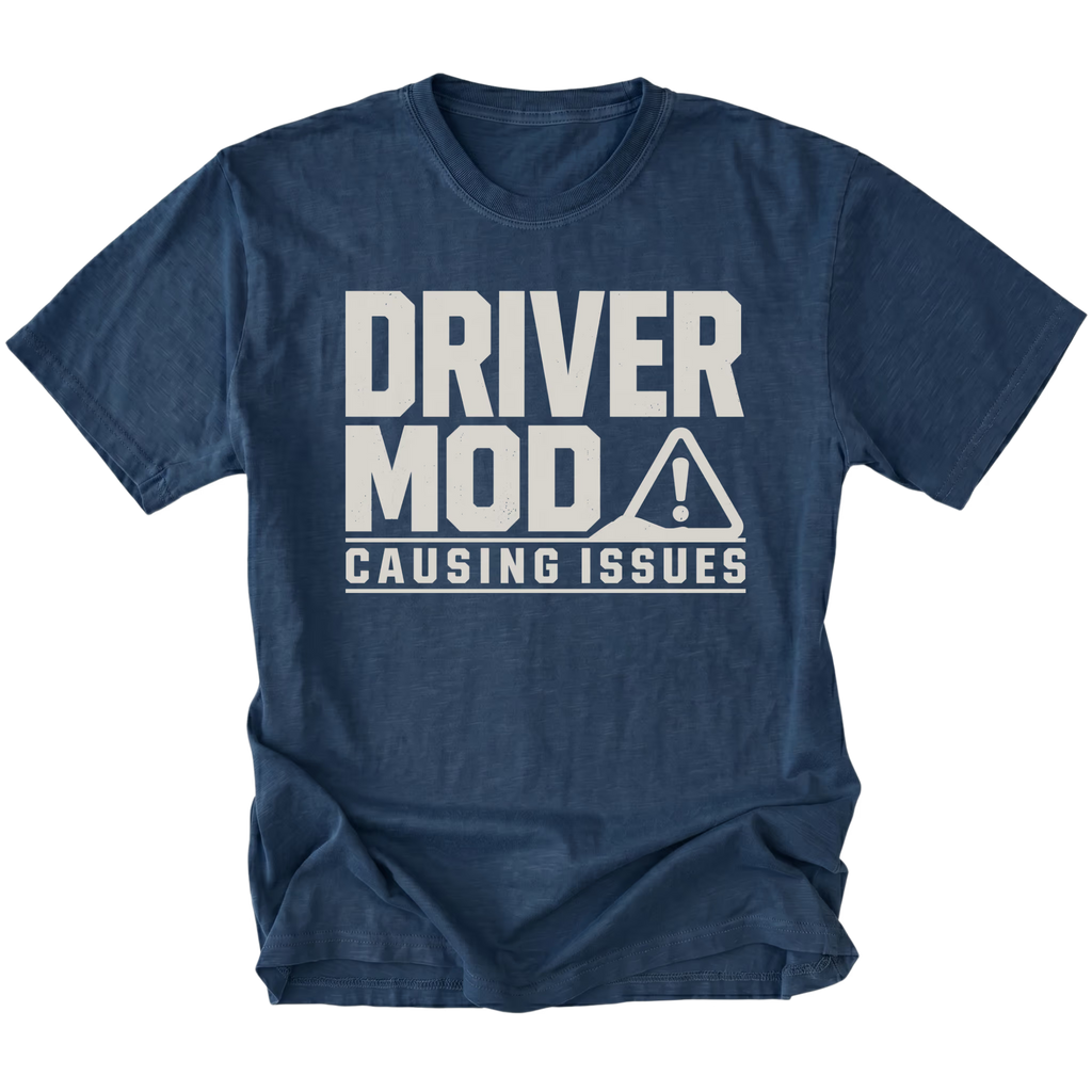 Navy t-shirt with Driver Mod Causing Issues warning graphic shown front view by Trail Snark.
