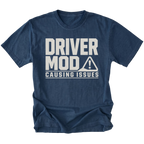 Navy t-shirt with Driver Mod Causing Issues warning graphic shown front view by Trail Snark.