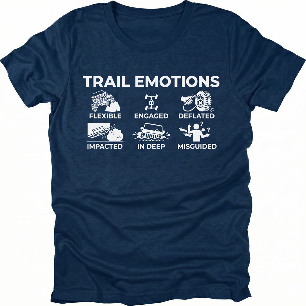 Navy t-shirt featuring “Trail Emotions” text with illustrated off-road icons labeled flexible, engaged, deflated, impacted, in deep, and misguided by Trail Snark.