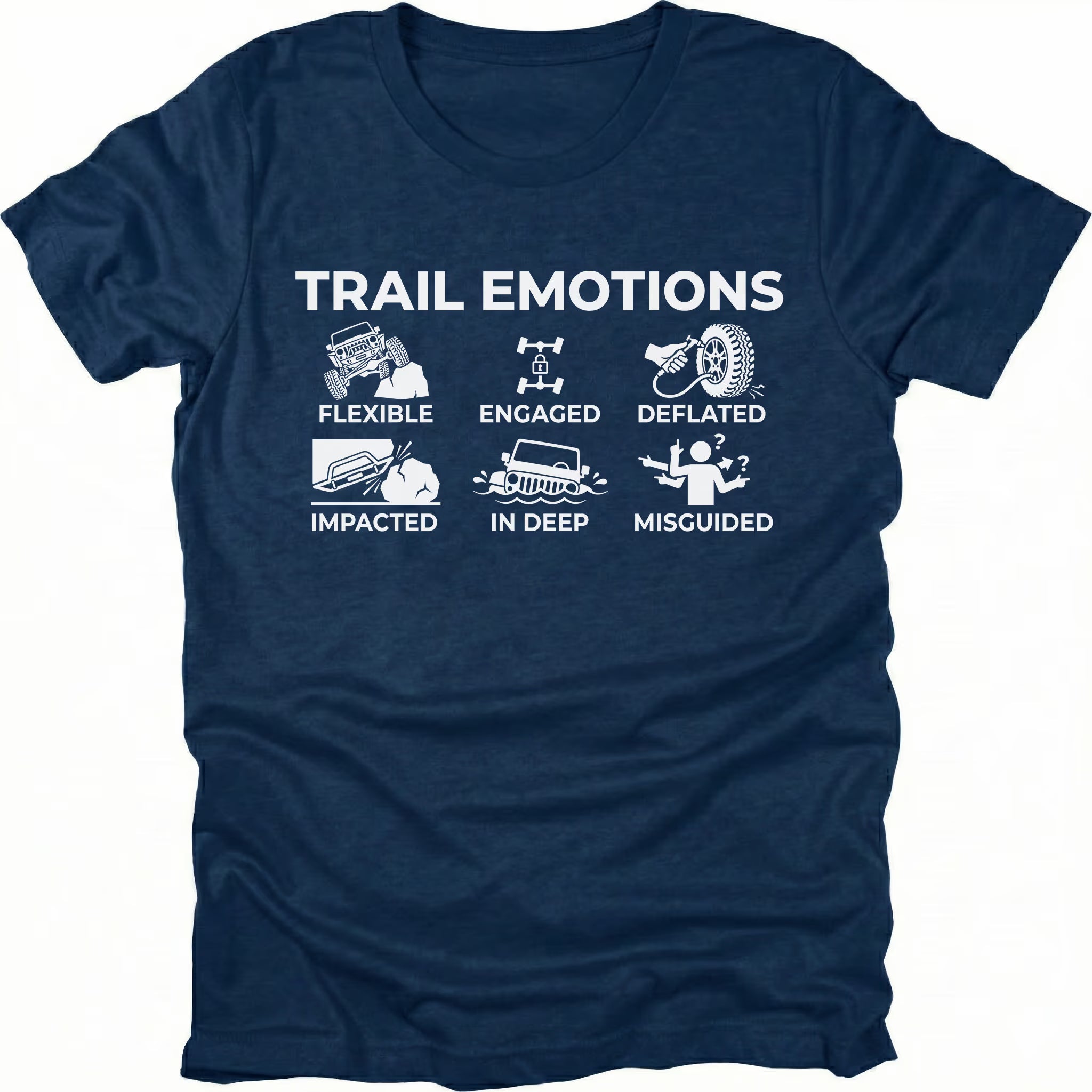 Navy t-shirt featuring “Trail Emotions” text with illustrated off-road icons labeled flexible, engaged, deflated, impacted, in deep, and misguided by Trail Snark.