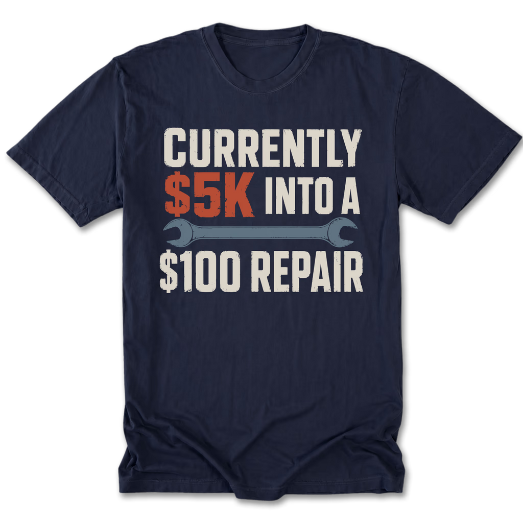 Black Tall Tee featuring the five-thousand-dollar repair design on the front by Trail Snark.
