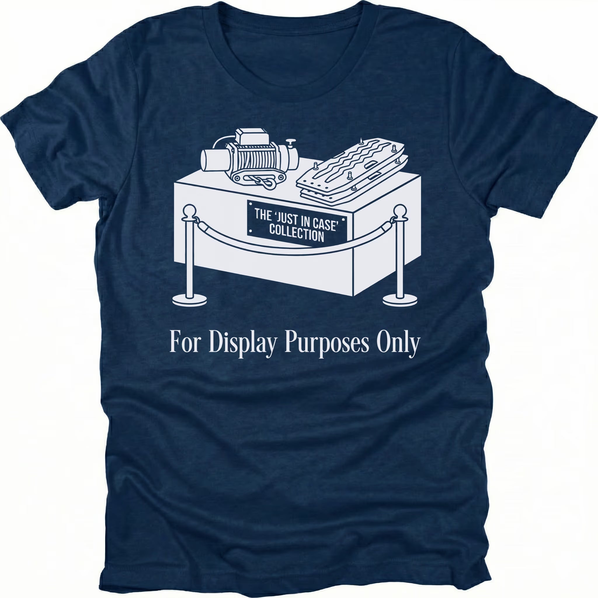 Navy t-shirt featuring a display stand graphic labeled the just in case collection with off-road gear and for display purposes only text shown from the front.