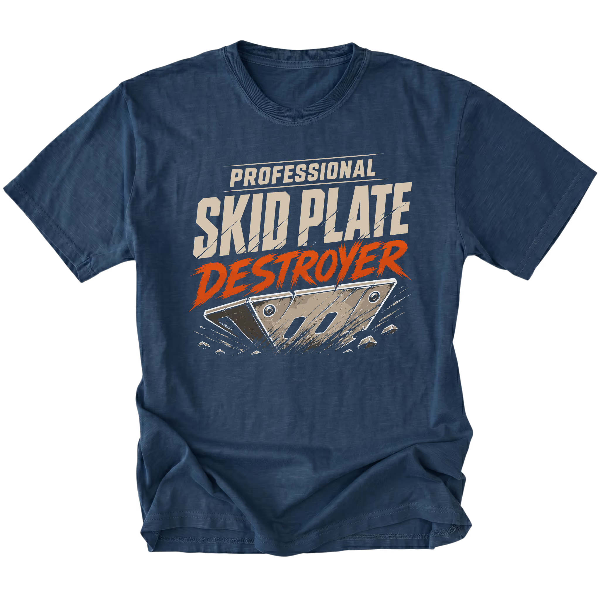 Navy T-Shirt featuring Professional Skid Plate Destroyer design with damaged skid plate graphic on front view by Trail Snark.