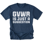 Navy t-shirt featuring distressed white text reading GVWR Is Just a Suggestion shown on the front by Trail Snark.