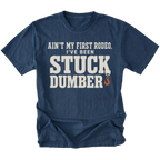 Navy t-shirt featuring the Stuck Dumber design on the front by Trail Snark.