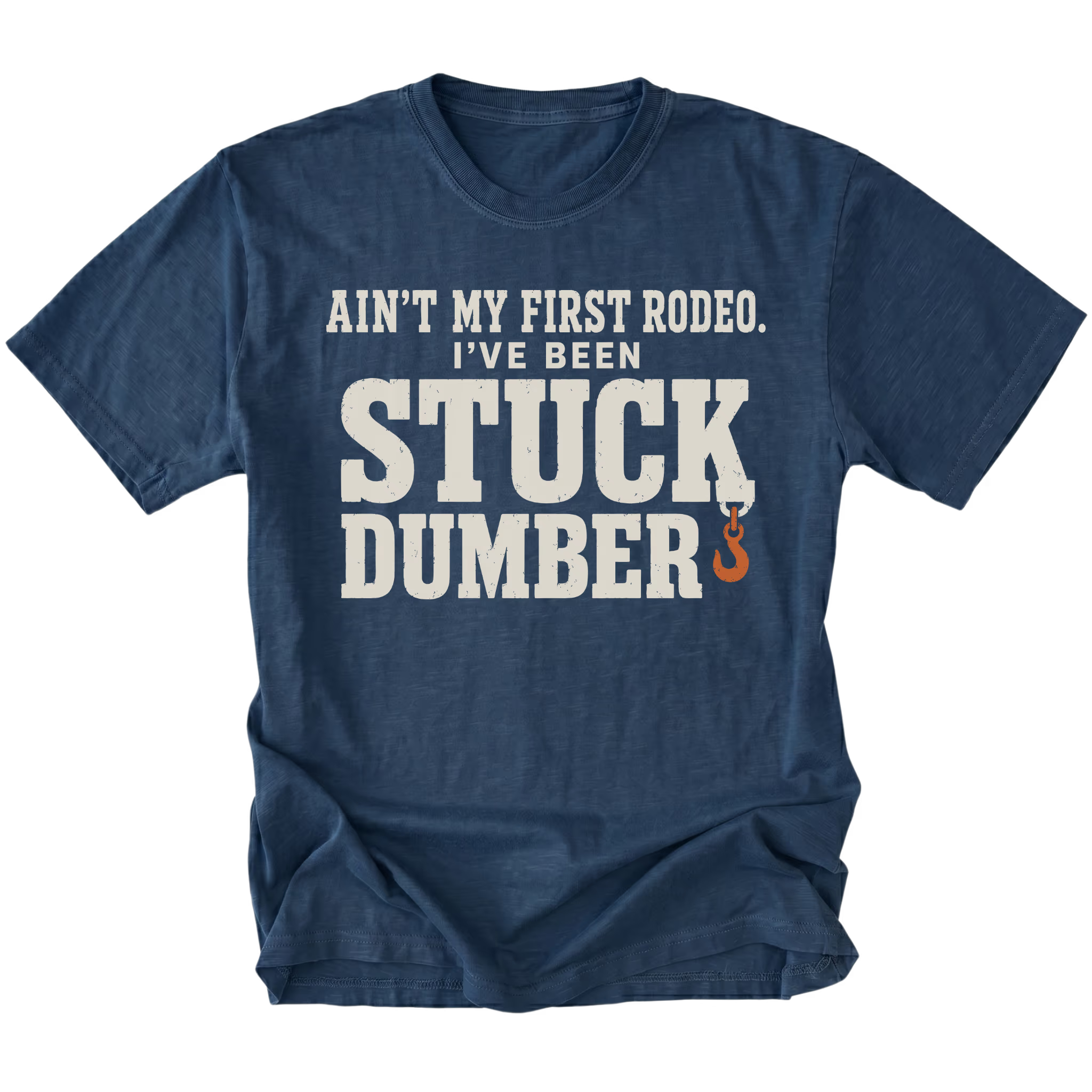 Navy t-shirt featuring the Stuck Dumber design on the front by Trail Snark.