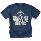 Navy t-shirt with the phrase “Trail Fixes What Life Breaks” beneath a mountain and winding trail graphic printed on the front.