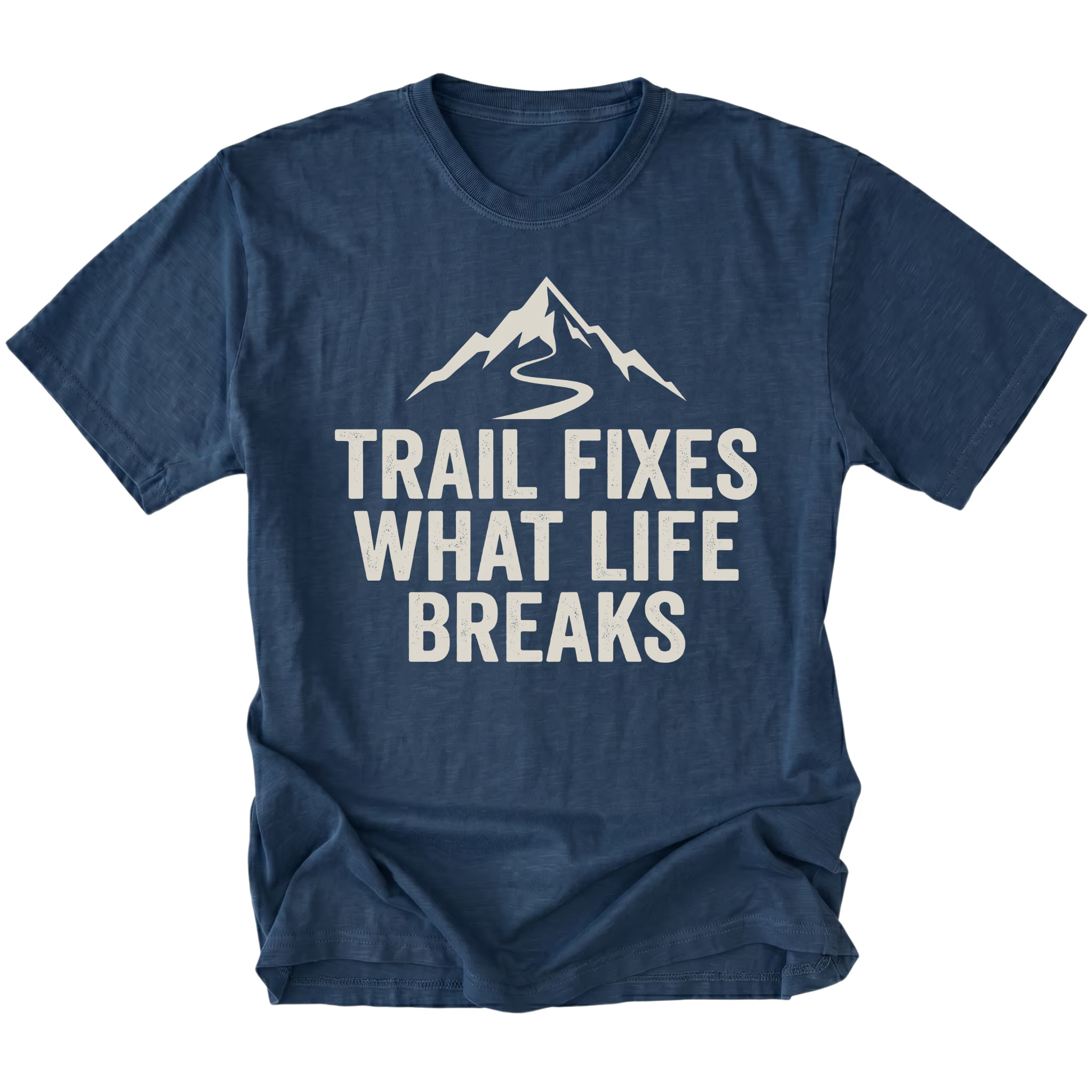 Navy t-shirt with the phrase “Trail Fixes What Life Breaks” beneath a mountain and winding trail graphic printed on the front.