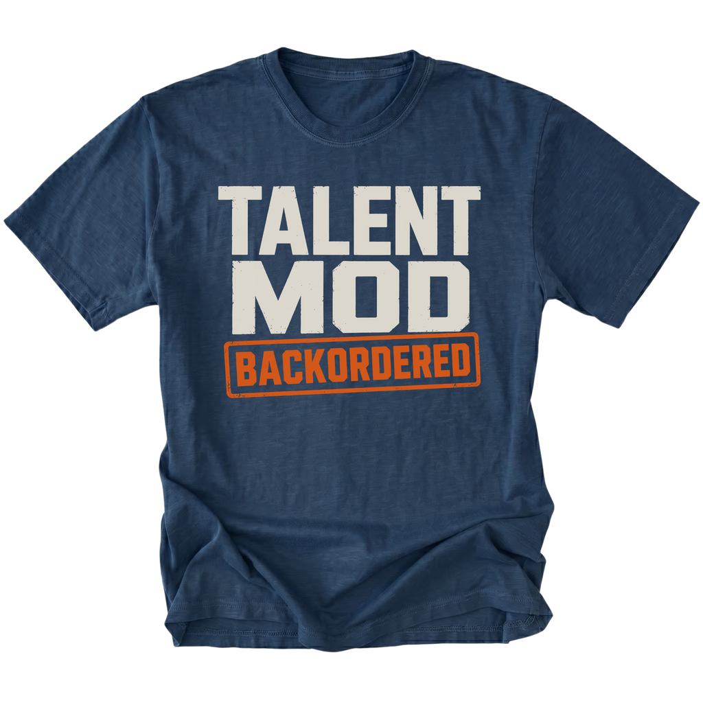 Navy T-shirt featuring the Backordered Talent design on the front by Trail Snark.