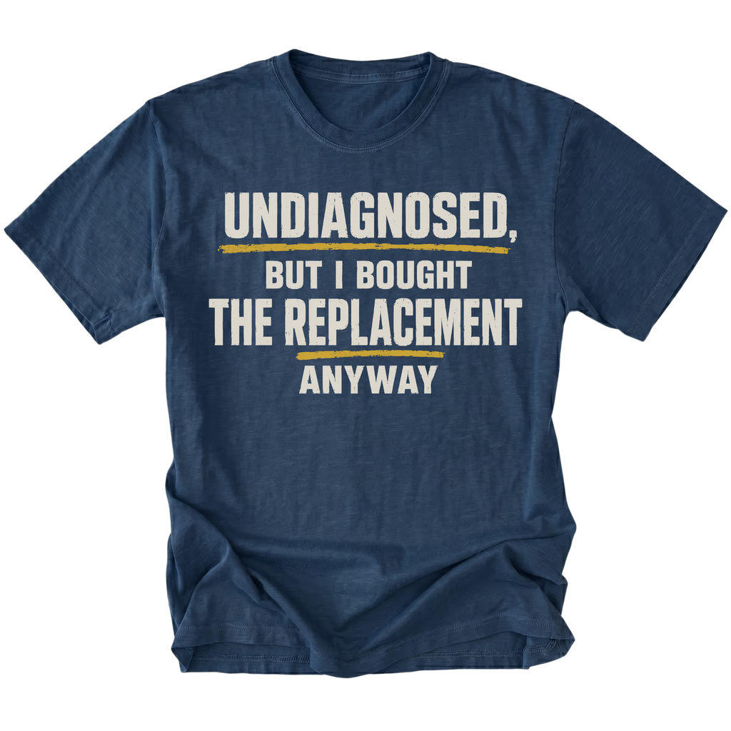 Navy t-shirt featuring the Replacement Anyway design on the front by Trail Snark.