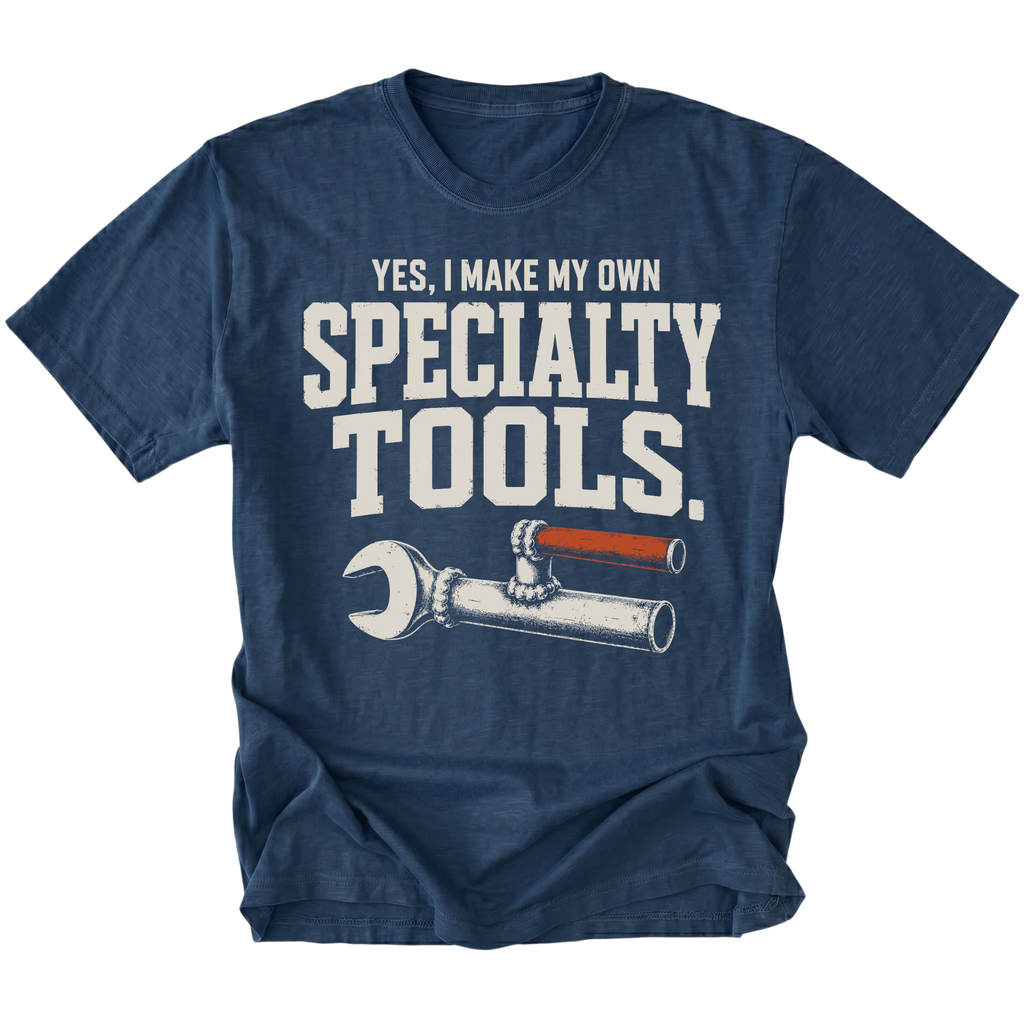 Navy T-shirt featuring the Specialty Tools design with an improvised welded wrench on the front by Trail Snark.