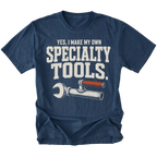 Navy T-shirt featuring the Specialty Tools design with an improvised welded wrench on the front by Trail Snark.