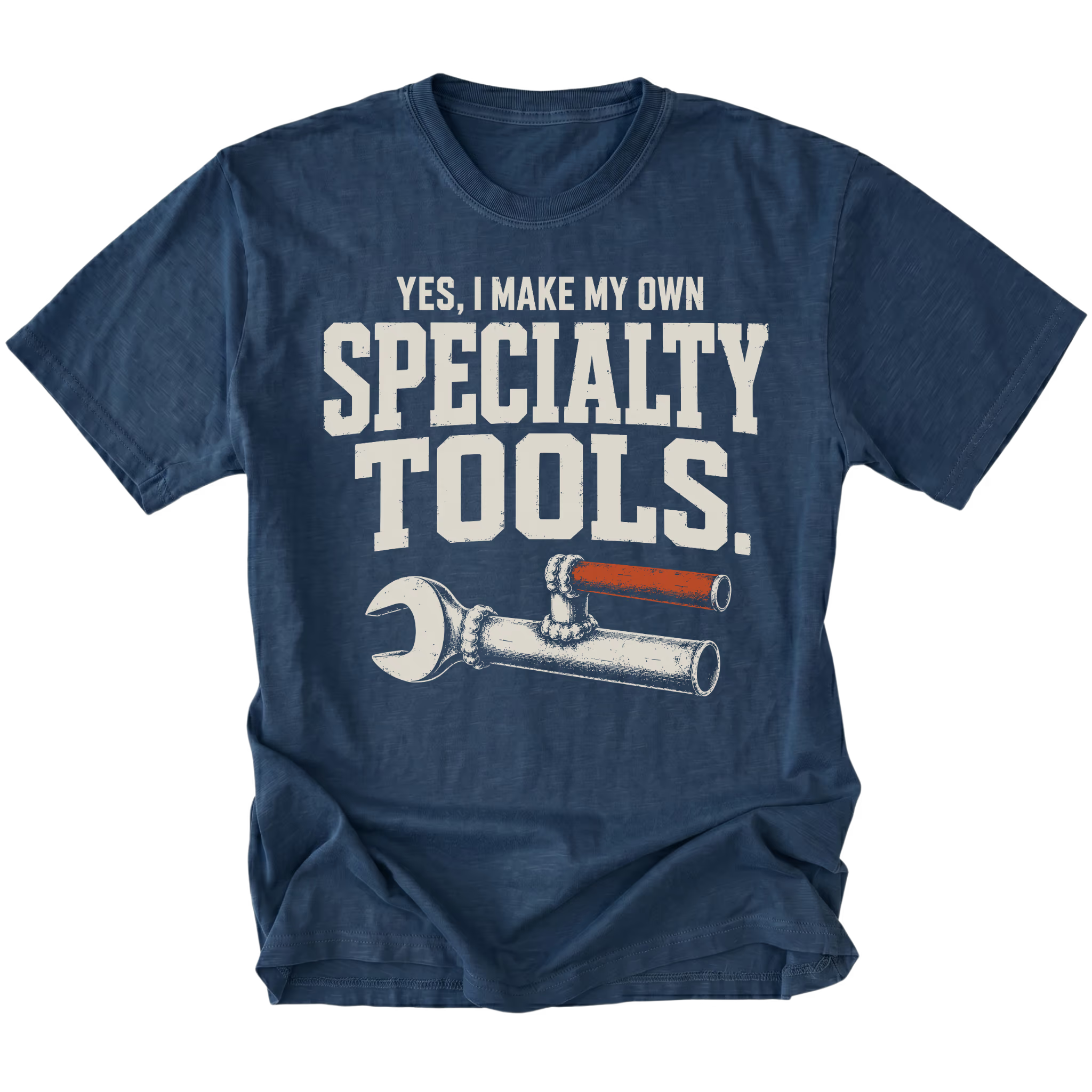 Navy T-shirt featuring the Specialty Tools design with an improvised welded wrench on the front by Trail Snark.