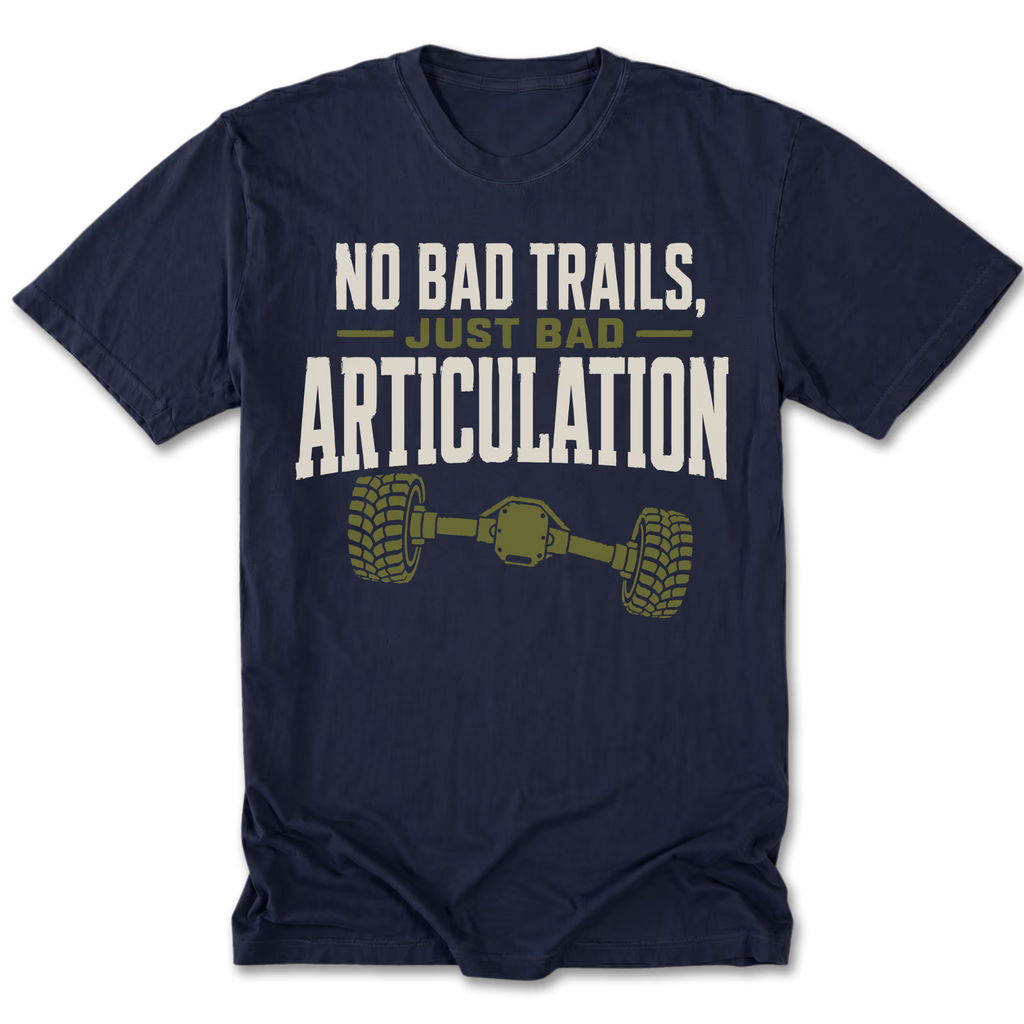Navy tall tee featuring the Bad Articulation design on the front by Trail Snark.