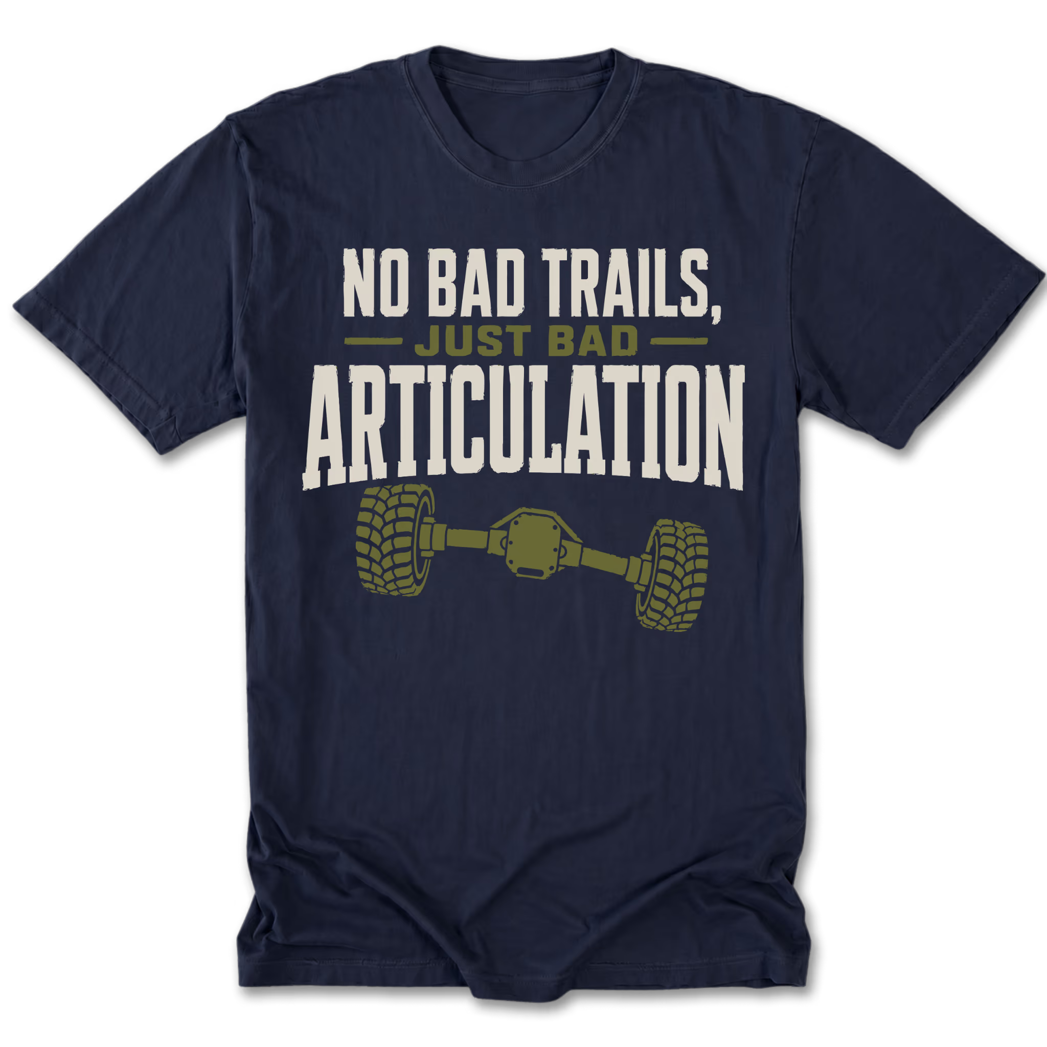 Navy tall tee featuring the Bad Articulation design on the front by Trail Snark.