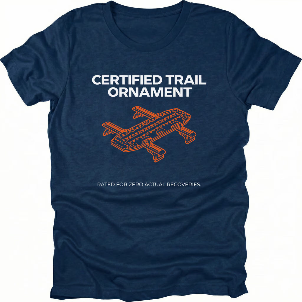 Navy t-shirt featuring certified trail ornament recovery board graphic shown from the front by Trail Snark.