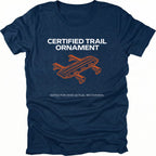Navy t-shirt featuring certified trail ornament recovery board graphic shown from the front by Trail Snark.
