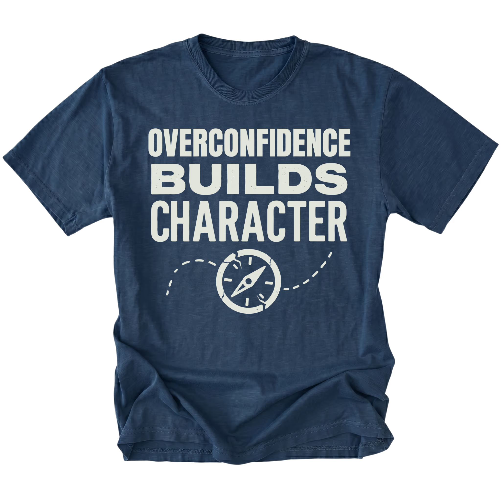 Navy T-Shirt with “Overconfidence Builds Character” text and compass graphic shown on front view by Trail Snark.