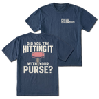 Navy t-shirt featuring the Field Diagnosis chest print on the front and the Purse Hammer design on the back by Trail Snark.