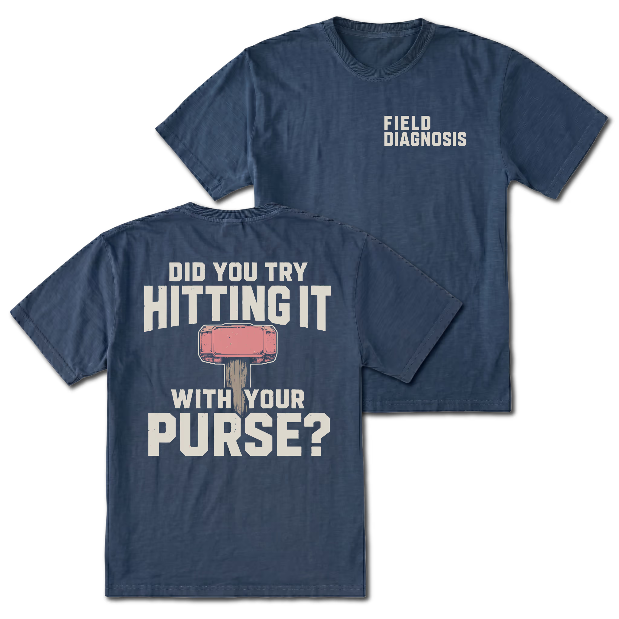 Navy t-shirt featuring the Field Diagnosis chest print on the front and the Purse Hammer design on the back by Trail Snark.