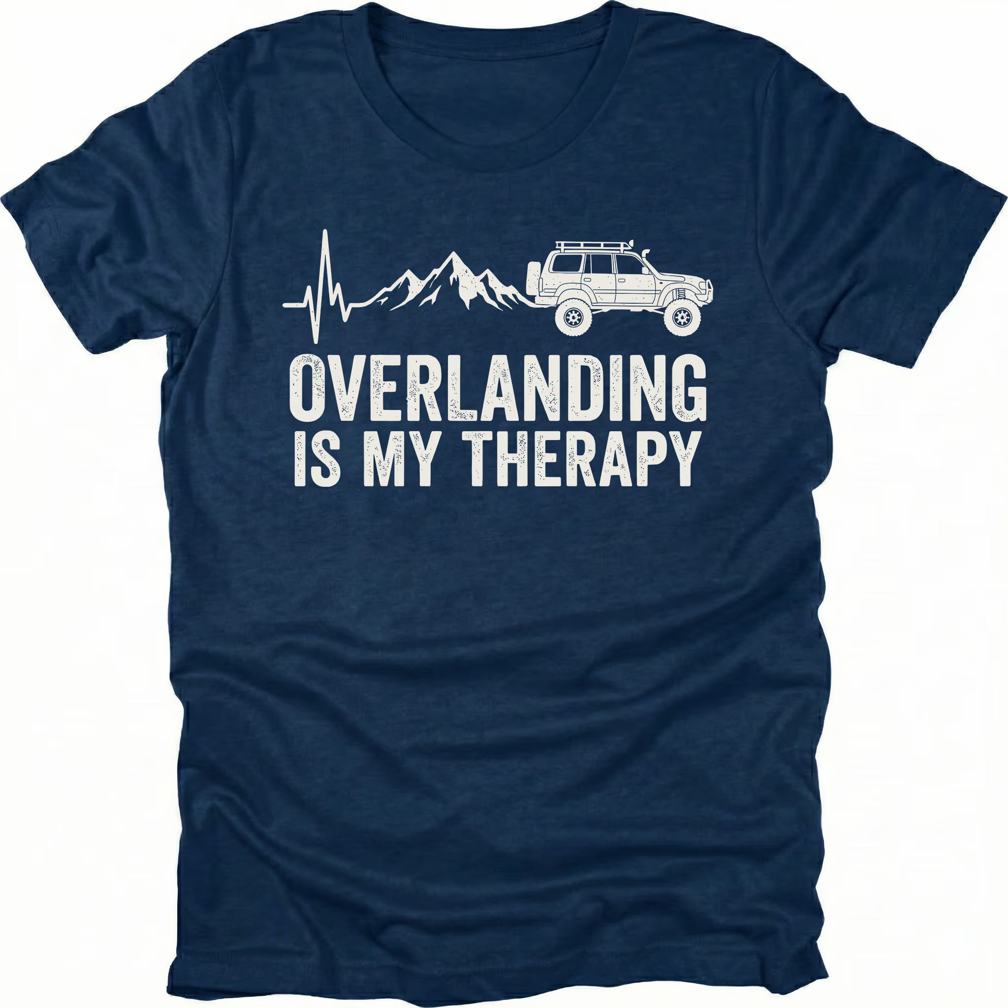 Navy T-Shirt with heartbeat line, mountains, and vehicle graphic reading “Overlanding Is My Therapy” shown on front view by Trail Snark.