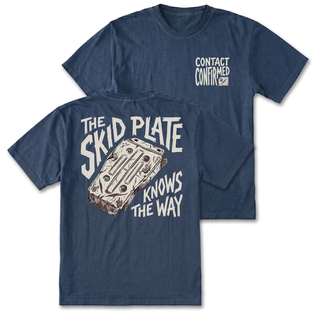 A navy blue short-sleeve t-shirt shown from both the front and back. The front features a small white graphic on the left chest reading 'CONTACT CONFIRMED' with a small square logo.