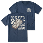 A navy blue short-sleeve t-shirt shown from both the front and back. The front features a small white graphic on the left chest reading 'CONTACT CONFIRMED' with a small square logo.