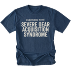 Navy t-shirt featuring diagnosed with severe gear acquisition syndrome bold text graphic shown from the front by Trail Snark.
