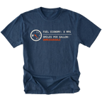 Navy t-shirt featuring a fuel gauge graphic with text reading fuel economy 8 MPG and smiles per gallon unmeasurable displayed on the front.
