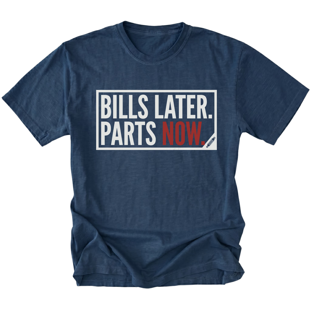 Navy t-shirt featuring Bills Later Parts Now design in bold lettering on front view by Trail Snark.
