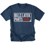 Navy t-shirt featuring Bills Later Parts Now design in bold lettering on front view by Trail Snark.