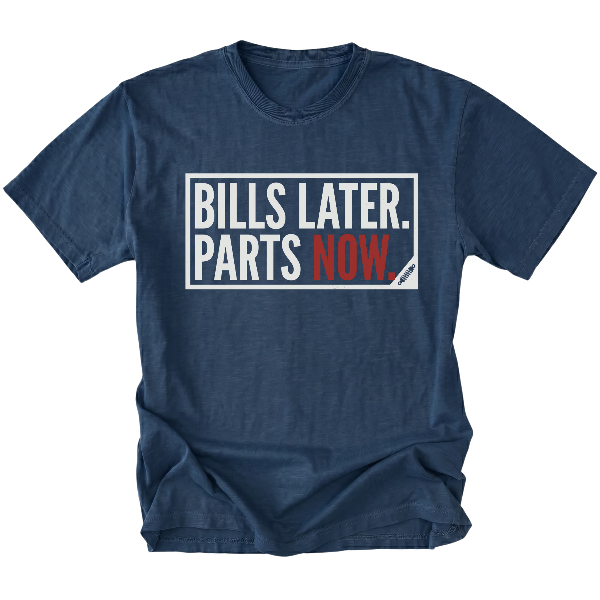 Navy t-shirt featuring Bills Later Parts Now design in bold lettering on front view by Trail Snark.