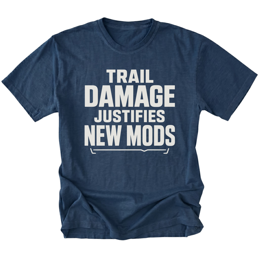 Navy T-Shirt featuring the Trail Damage Justifies New Mods design in front view by Trail Snark.