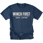 Navy T-Shirt with Winch First Ask Later off-road recovery design shown from the front by Trail Snark.
