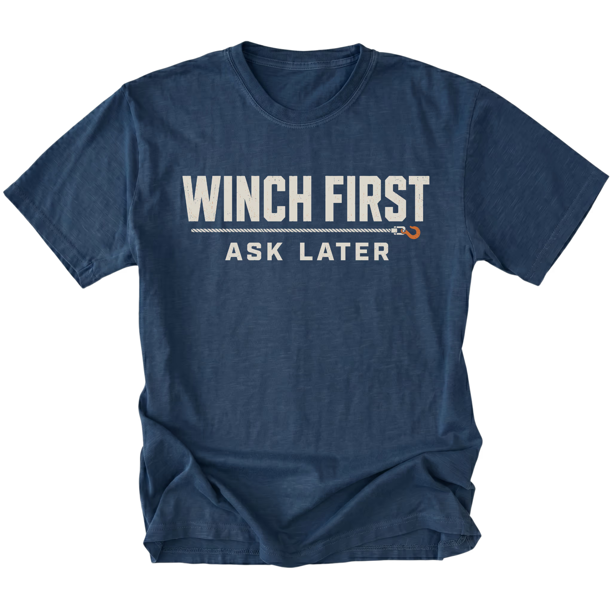 Navy T-Shirt with Winch First Ask Later off-road recovery design shown from the front by Trail Snark.