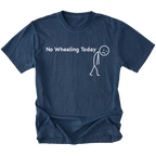 Navy T-Shirt with No Wheeling Today text and sad stick figure design on front view by Trail Snark.