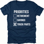 Navy T-Shirt with Priorities checklist design highlighting truck parts on front view by Trail Snark.