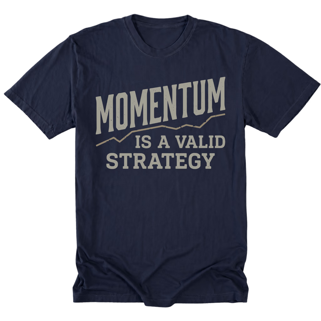 A navy blue short-sleeve t-shirt with a graphic print on the front that reads 'MOMENTUM IS A VALID STRATEGY' in a distressed beige font, displayed on a clean white background.