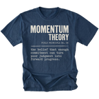 A navy blue short-sleeve t-shirt with a white printed graphic on the front. The graphic reads 'MOMENTUM THEORY' in large block letters, followed by 'FIELD PRINCIPLE No.