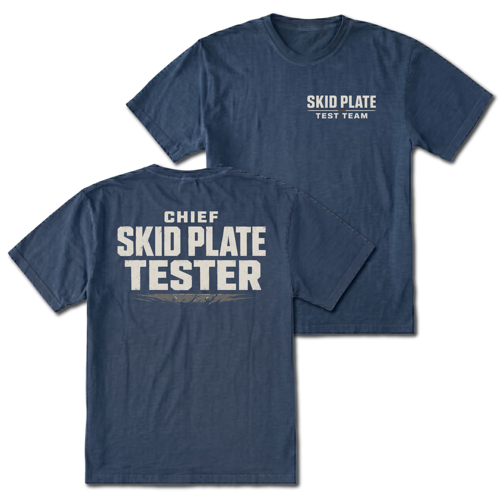 Navy T-Shirt with Skid Plate Test Team front design and Chief Skid Plate Tester back design shown by Trail Snark.