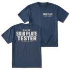 Navy T-Shirt with Skid Plate Test Team front design and Chief Skid Plate Tester back design shown by Trail Snark.