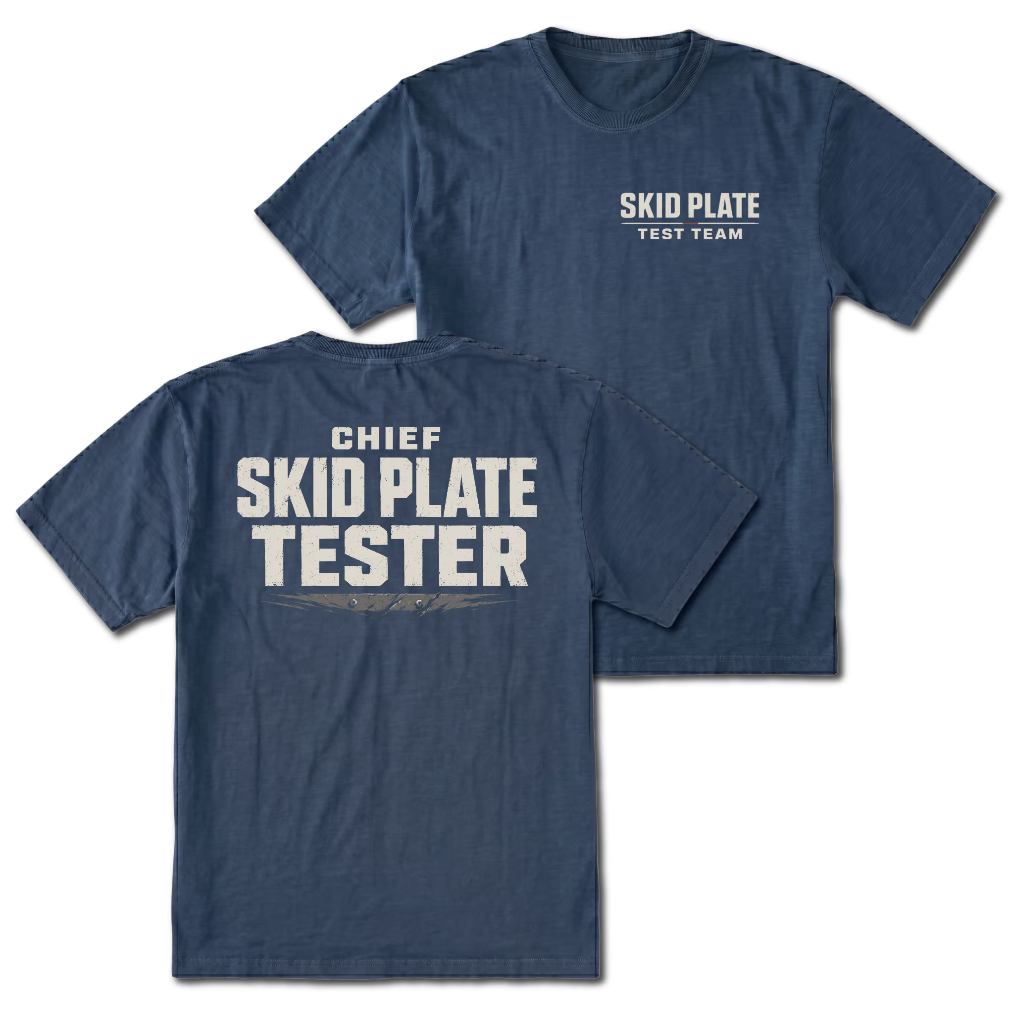 Navy T-Shirt with Skid Plate Test Team front design and Chief Skid Plate Tester back design shown by Trail Snark.