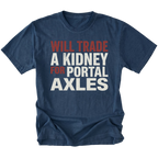 Navy T-Shirt featuring Will Trade A Kidney For Portal Axles text design in bold typography on front view by Trail Snark.
