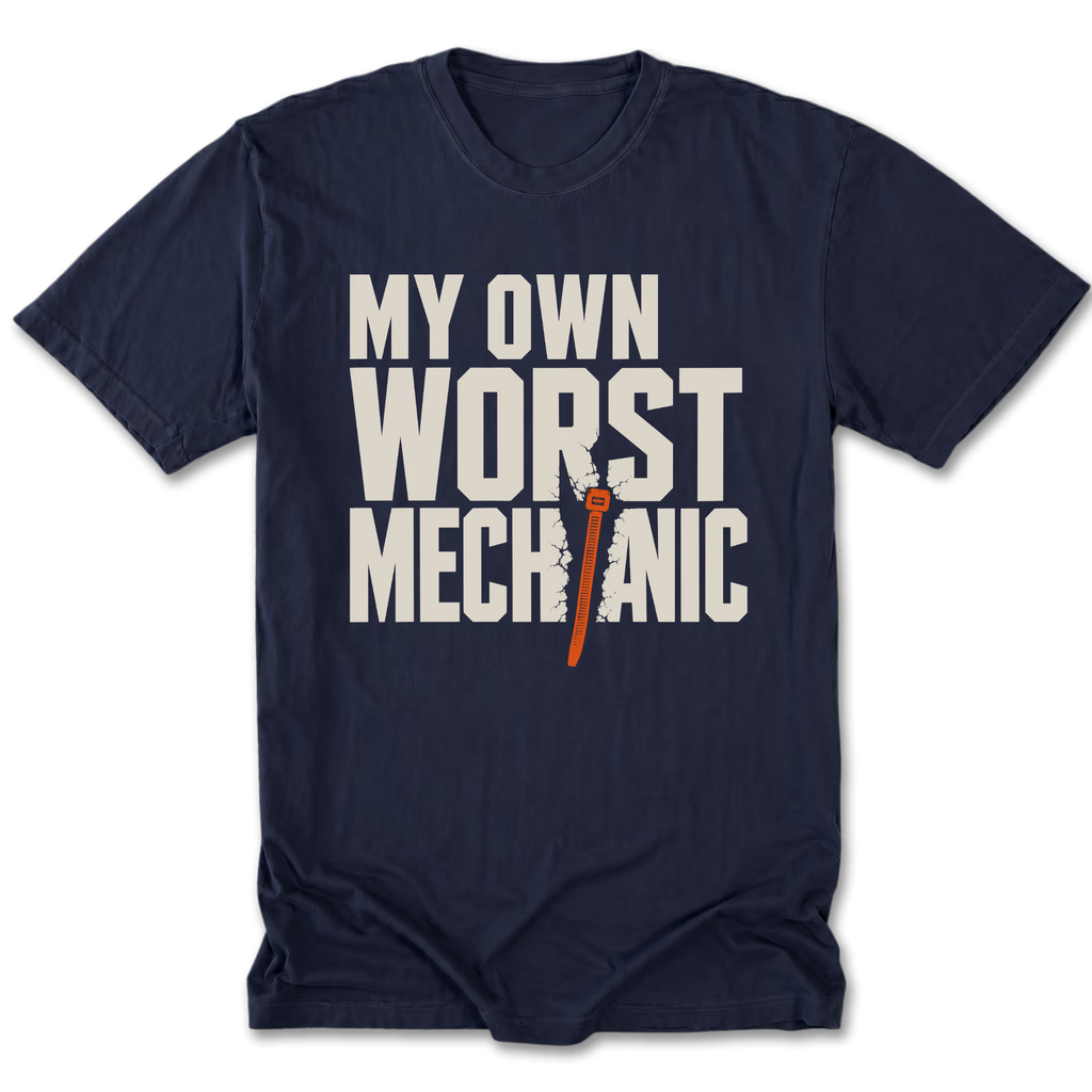 Black Tall Tee featuring the My Own Worst Mechanic design on the front by Trail Snark.