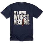 Black Tall Tee featuring the My Own Worst Mechanic design on the front by Trail Snark.